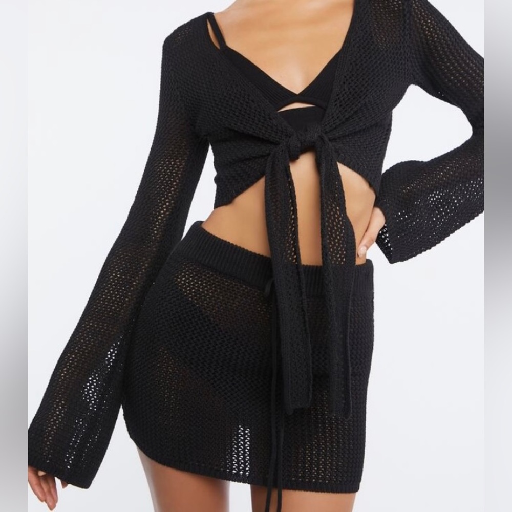 Crocket Knit Beach Mini Skirt Cover Up - Black